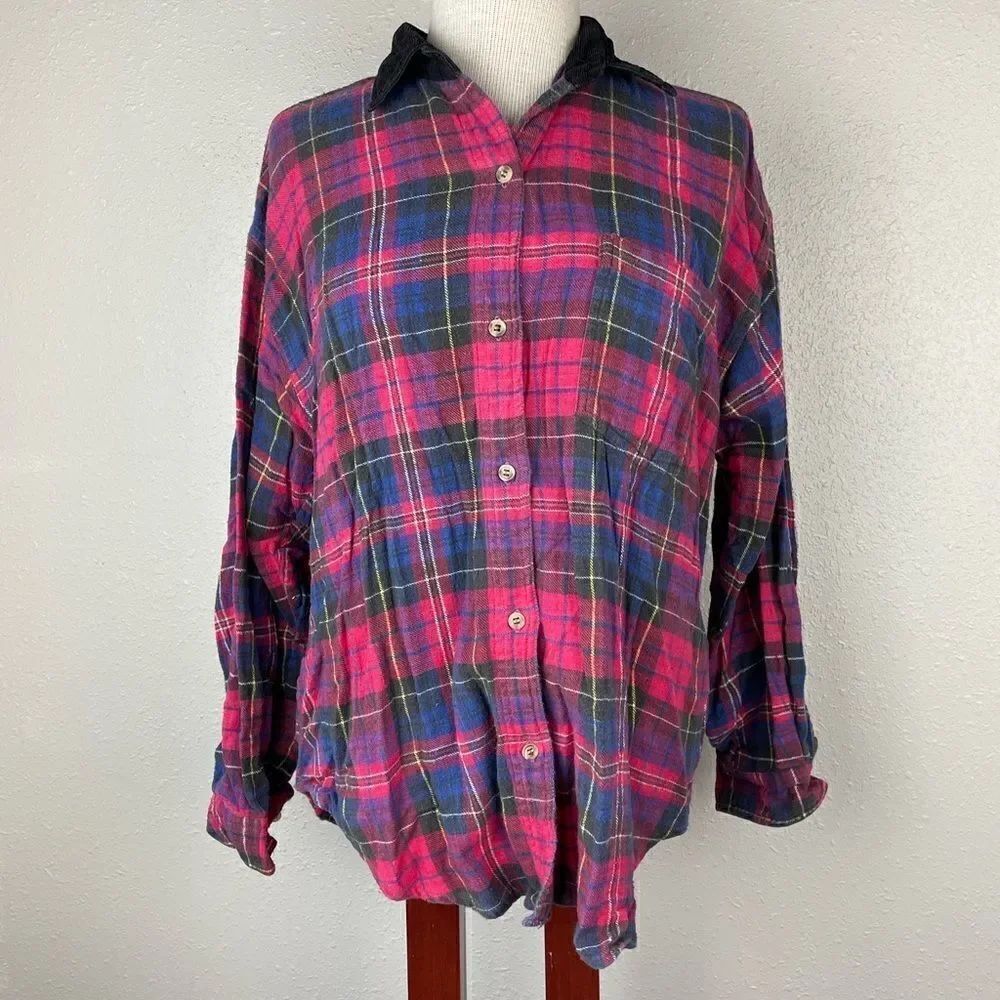Pre-Owned New Directions Womens Plaid Flannel w/Corduroy Collar Button Down LG